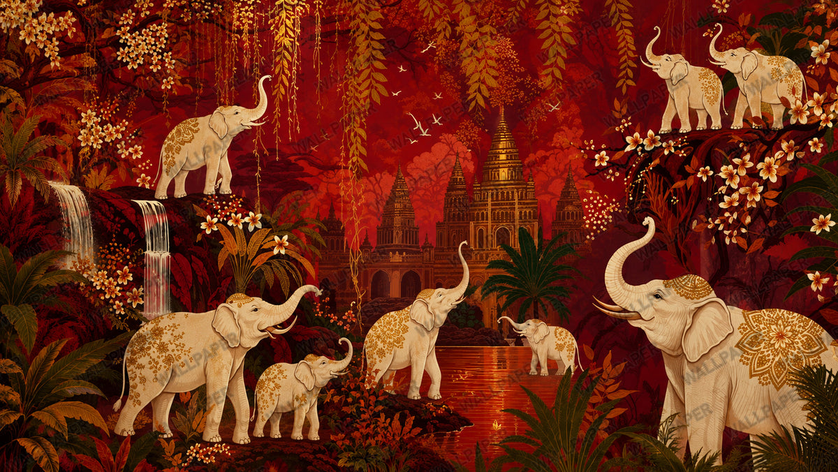 Red and Gold Elephant Palace Wallpaper : Oriental Temple Mural - View 2