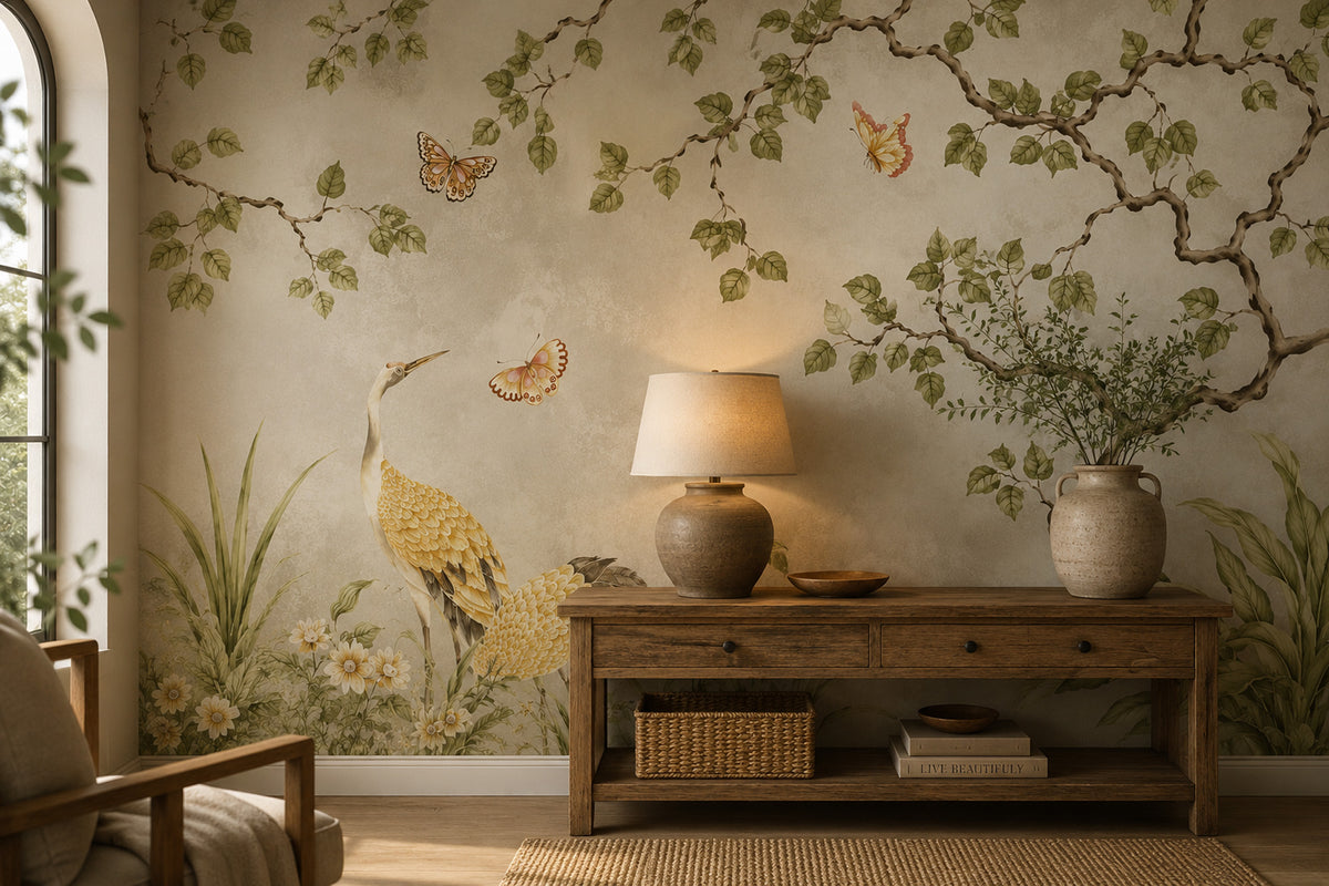 Sage Chinoiserie Peacock Wallpaper : Vintage Blossom Garden Mural