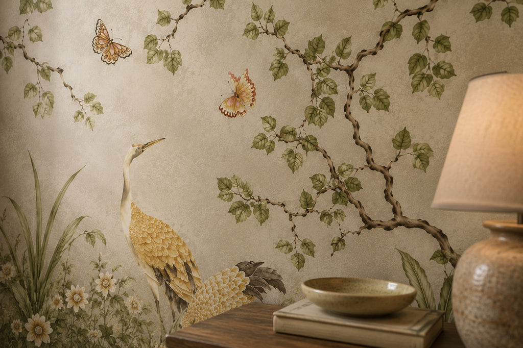 Sage Chinoiserie Peacock Wallpaper : Vintage Blossom Garden Mural - View 4