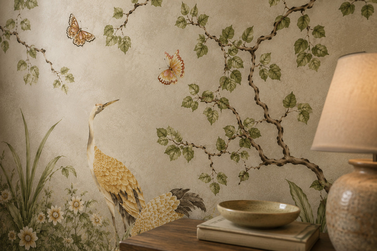 Sage Chinoiserie Peacock Wallpaper : Vintage Blossom Garden Mural - View 4