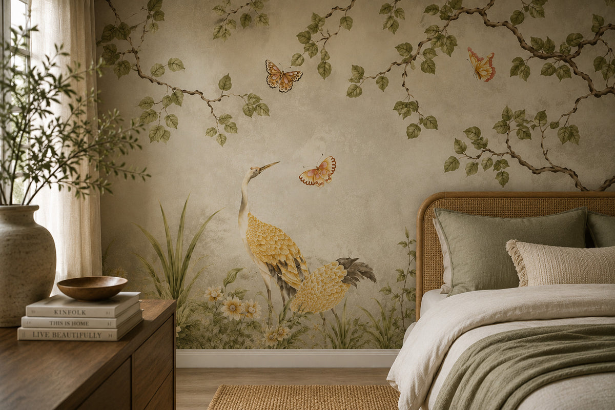 Sage Chinoiserie Peacock Wallpaper : Vintage Blossom Garden Mural - View 3