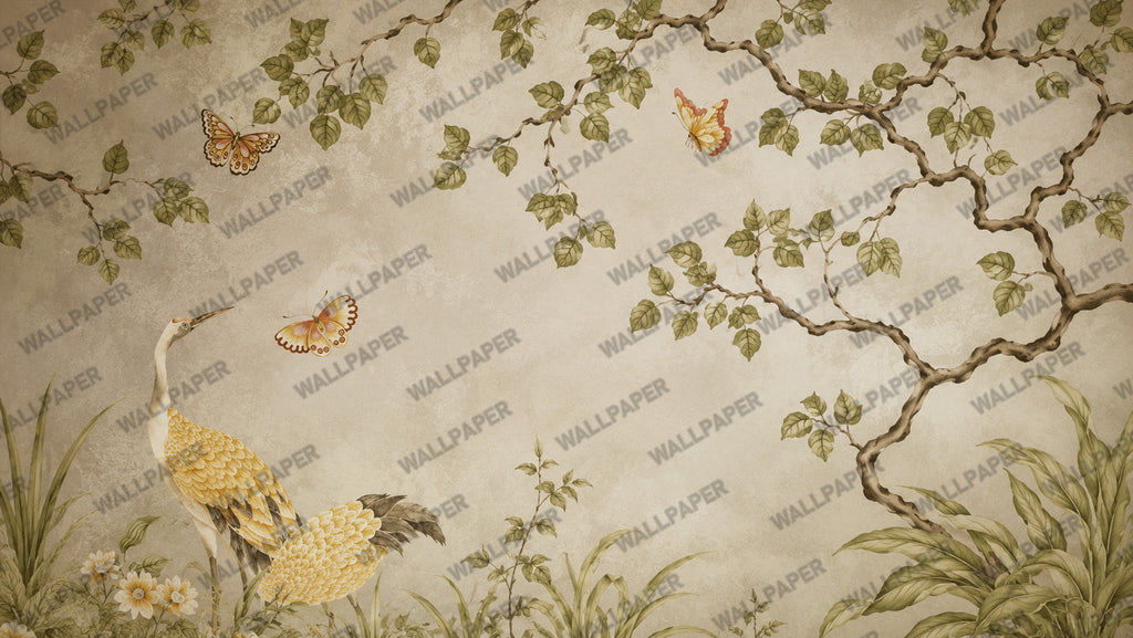Sage Chinoiserie Peacock Wallpaper : Vintage Blossom Garden Mural - View 2