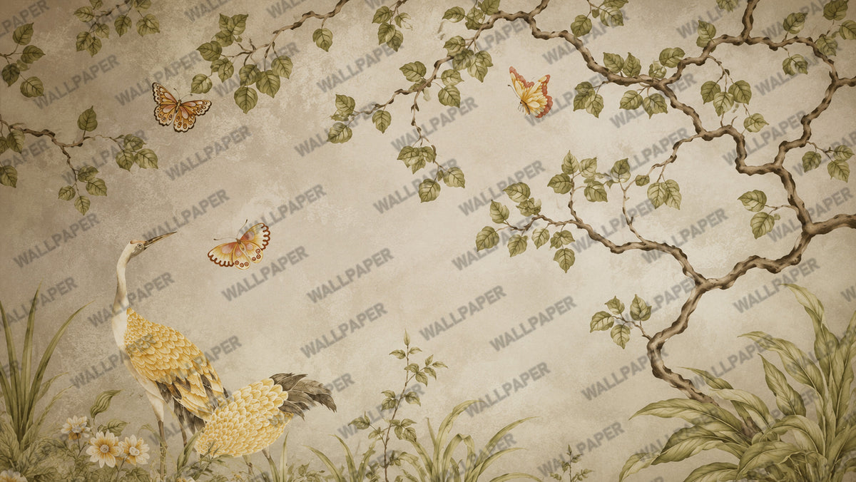 Sage Chinoiserie Peacock Wallpaper : Vintage Blossom Garden Mural - View 2