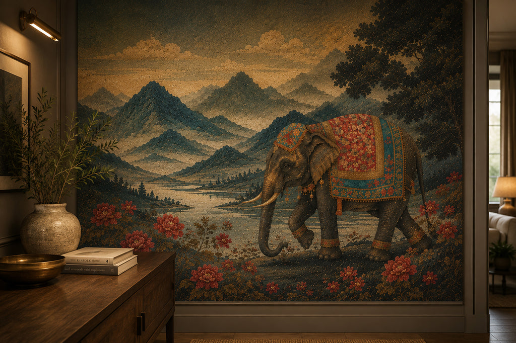 Indian Elephant Tapestry Wallpaper : Mountain Valley Mosaic Mural
