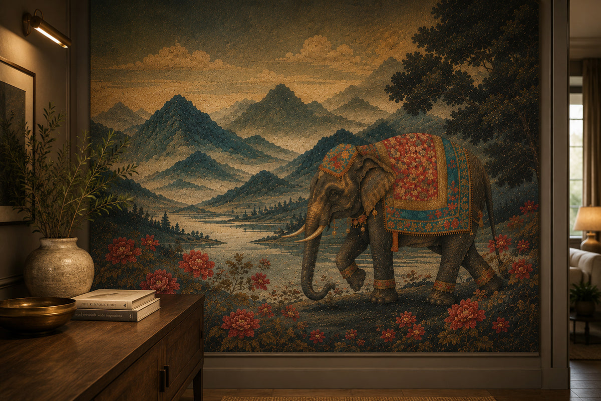 Indian Elephant Tapestry Wallpaper : Mountain Valley Mosaic Mural