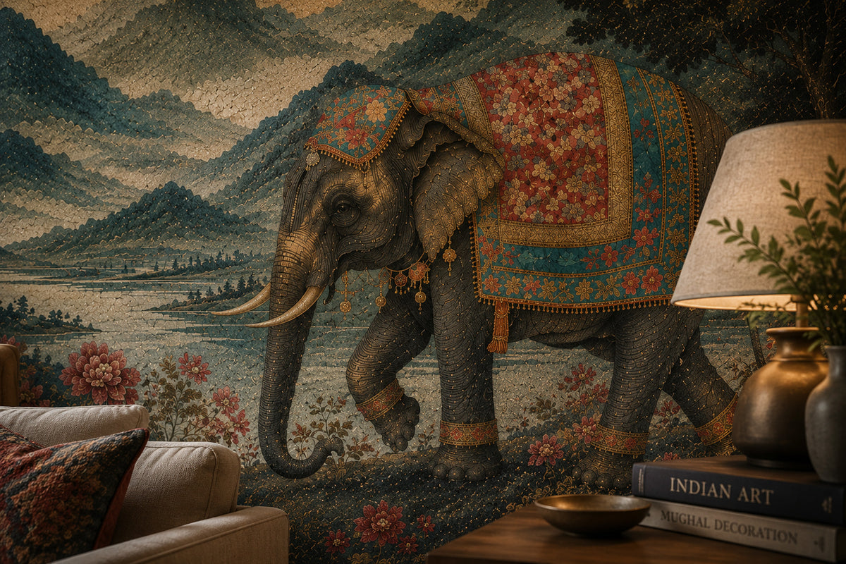 Indian Elephant Tapestry Wallpaper : Mountain Valley Mosaic Mural - View 4
