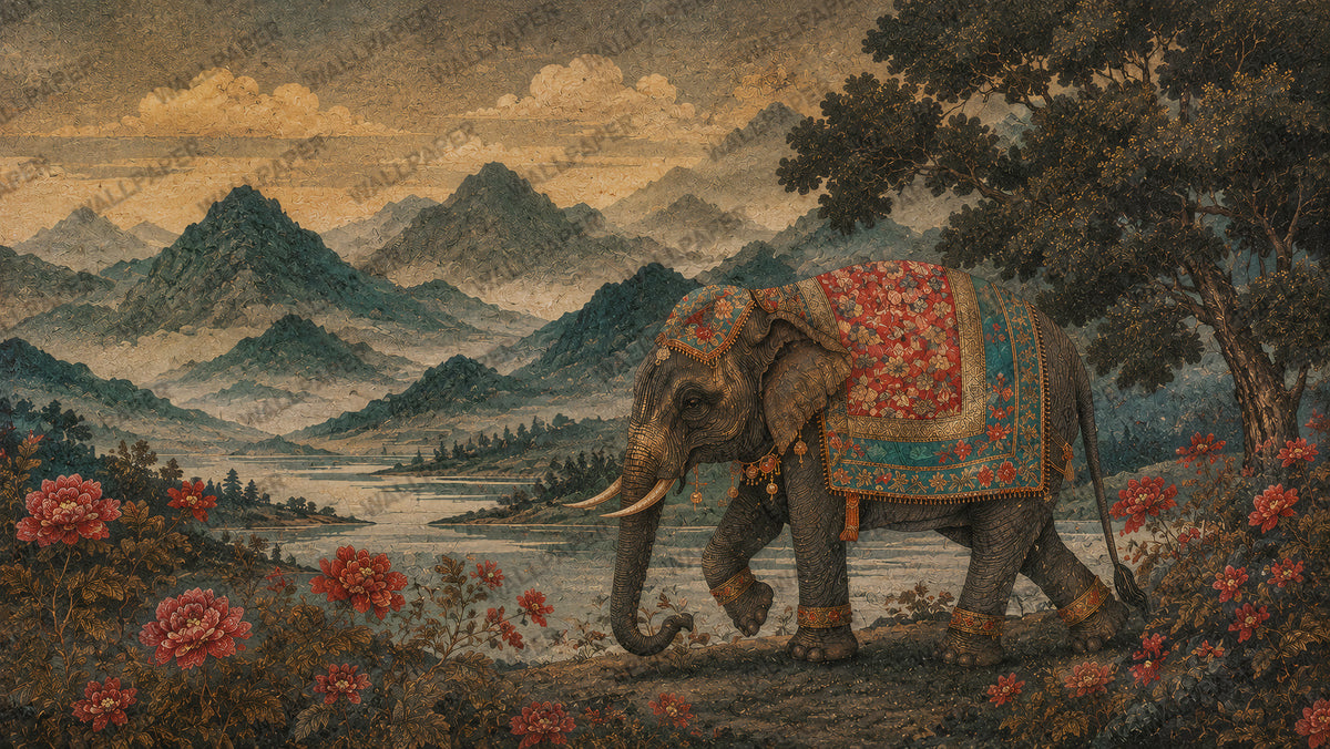 Indian Elephant Tapestry Wallpaper : Mountain Valley Mosaic Mural - View 2