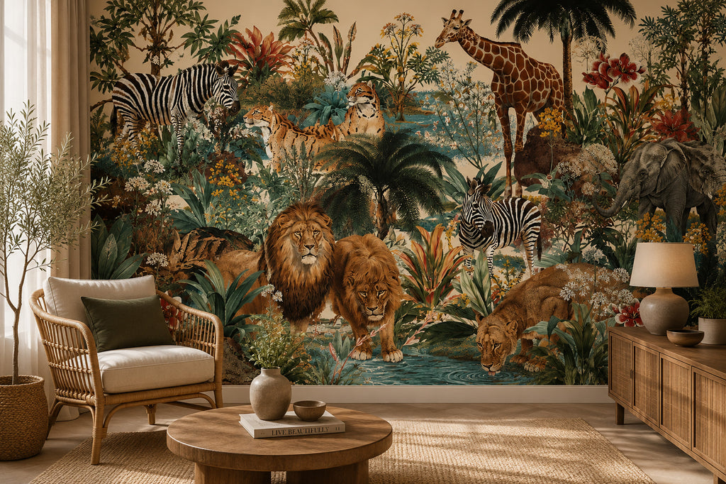 Jungle Safari Animals Wallpaper : Teal Rainforest Kids Wall Mural - View 7