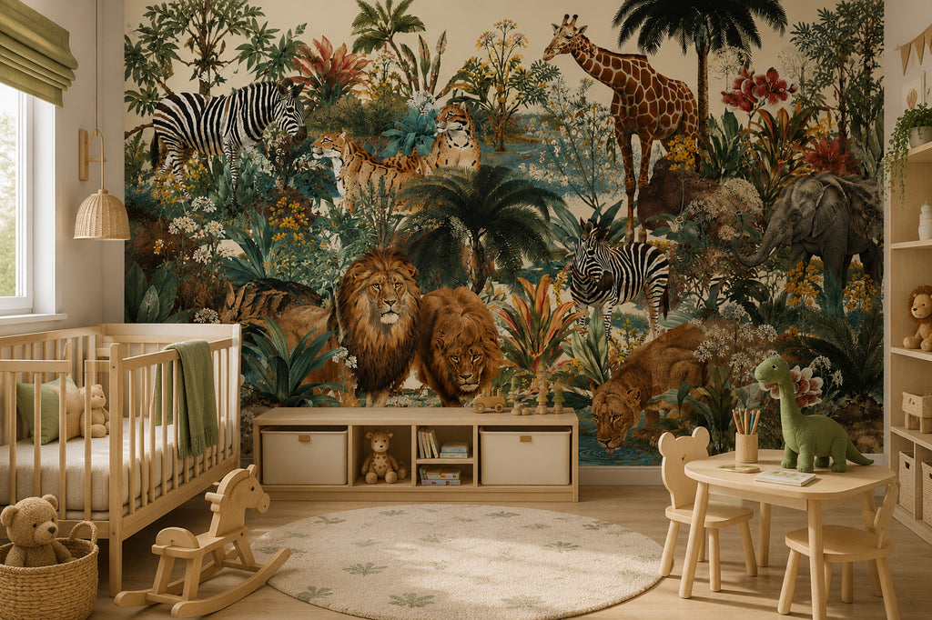 Jungle Safari Animals Wallpaper : Teal Rainforest Kids Wall Mural - View 6