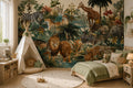 Jungle Safari Animals Wallpaper : Teal Rainforest Kids Wall Mural