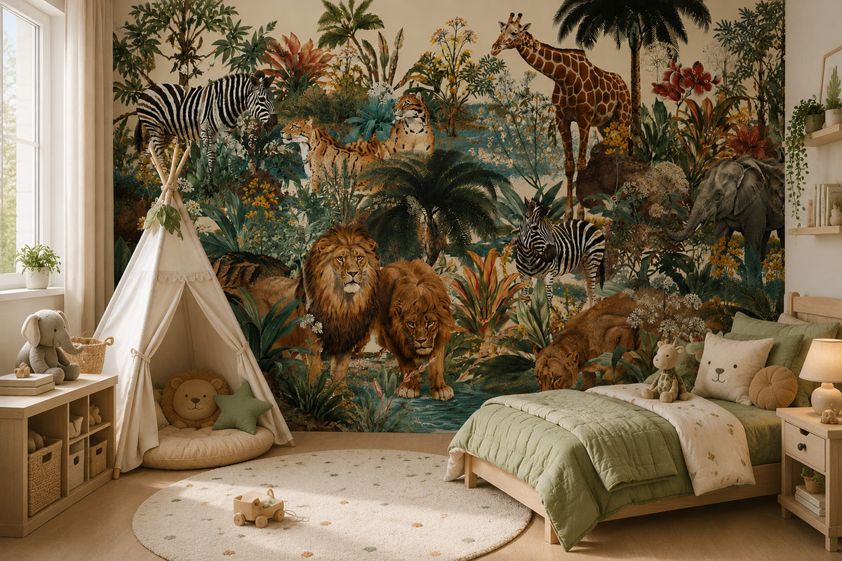 Jungle Safari Animals Wallpaper : Teal Rainforest Kids Wall Mural