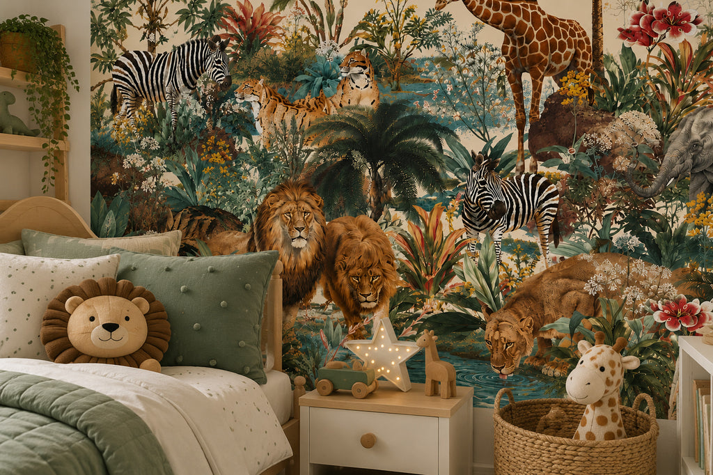 Jungle Safari Animals Wallpaper : Teal Rainforest Kids Wall Mural - View 5