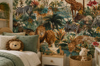 Jungle Safari Animals Wallpaper : Teal Rainforest Kids Wall Mural - View 5