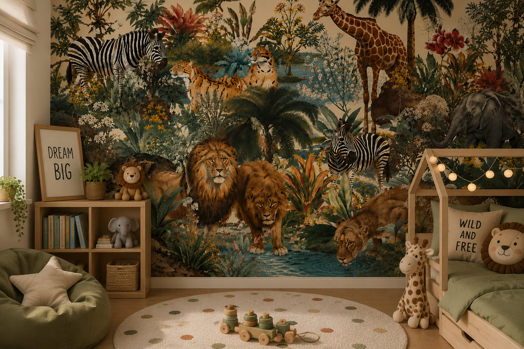 Jungle Safari Animals Wallpaper : Teal Rainforest Kids Wall Mural - View 4