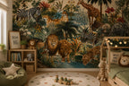 Jungle Safari Animals Wallpaper : Teal Rainforest Kids Wall Mural - View 4