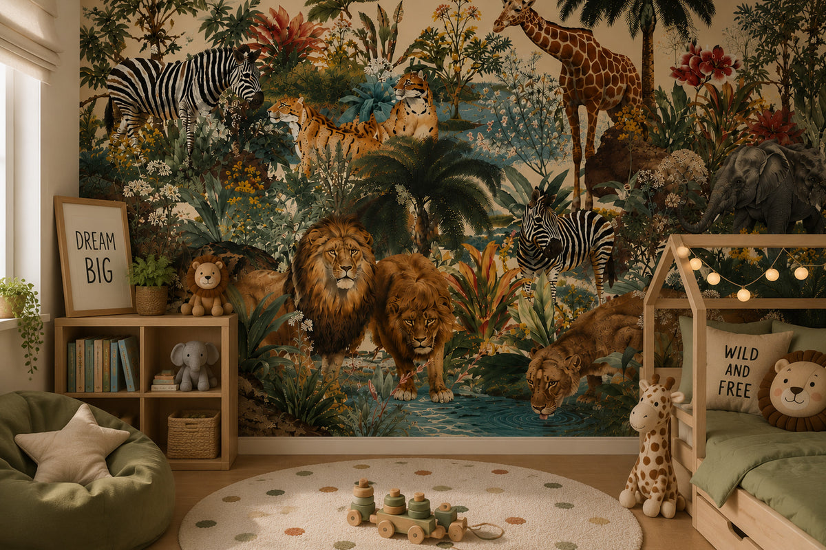 Jungle Safari Animals Wallpaper : Teal Rainforest Kids Wall Mural - View 4