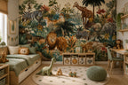 Jungle Safari Animals Wallpaper : Teal Rainforest Kids Wall Mural