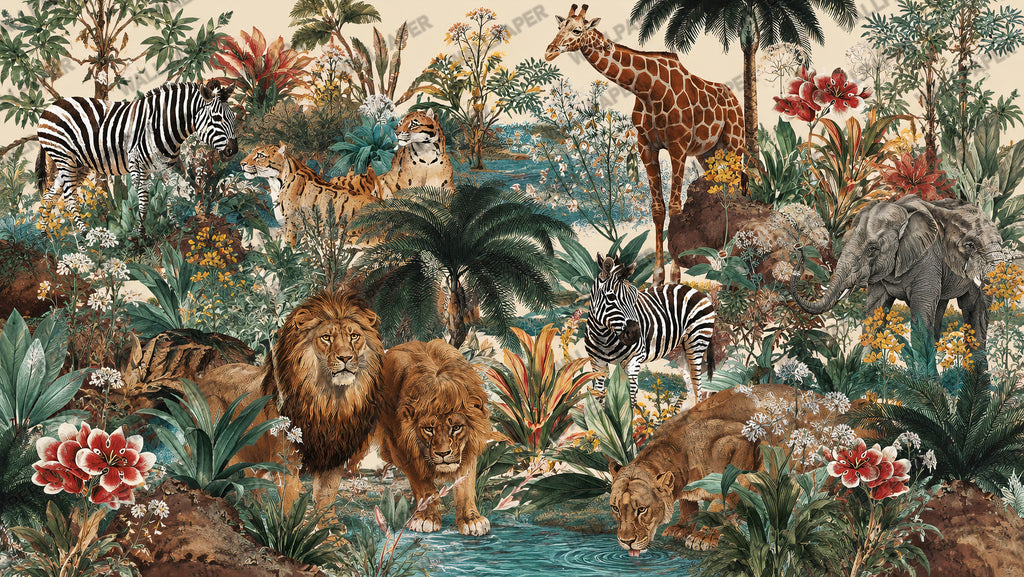 Jungle Safari Animals Wallpaper : Teal Rainforest Kids Wall Mural - View 2