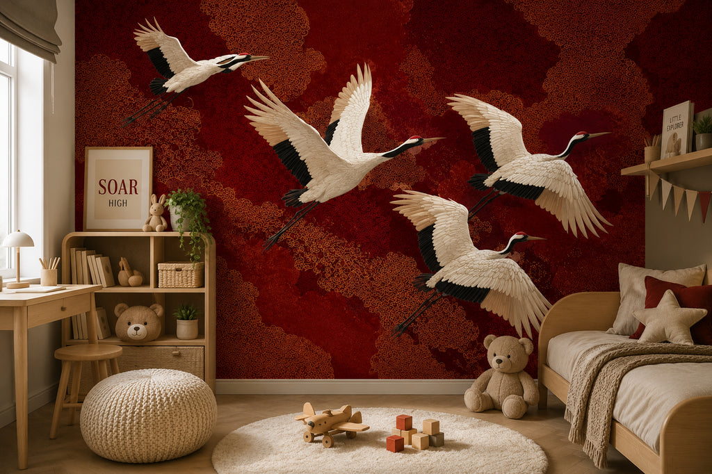 Red and Gold Flying Crane Wallpaper : Japanese Lacquer Bird Mural - View 4