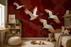 Red and Gold Flying Crane Wallpaper : Japanese Lacquer Bird Mural - View 4