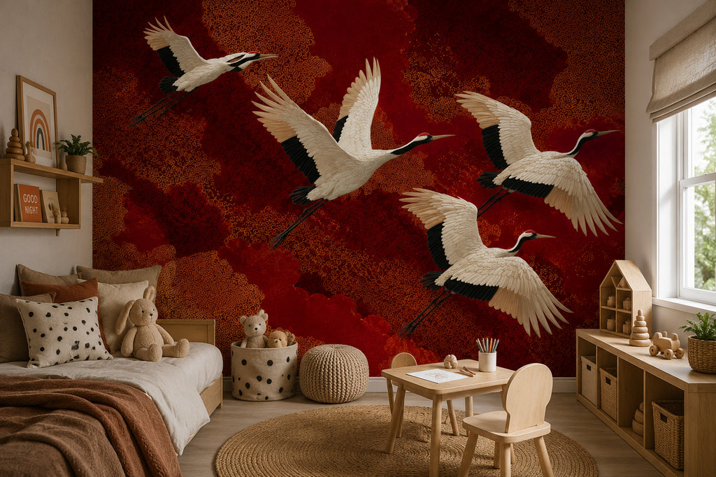 Red and Gold Flying Crane Wallpaper : Japanese Lacquer Bird Mural - View 3