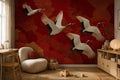 Red and Gold Flying Crane Wallpaper : Japanese Lacquer Bird Mural