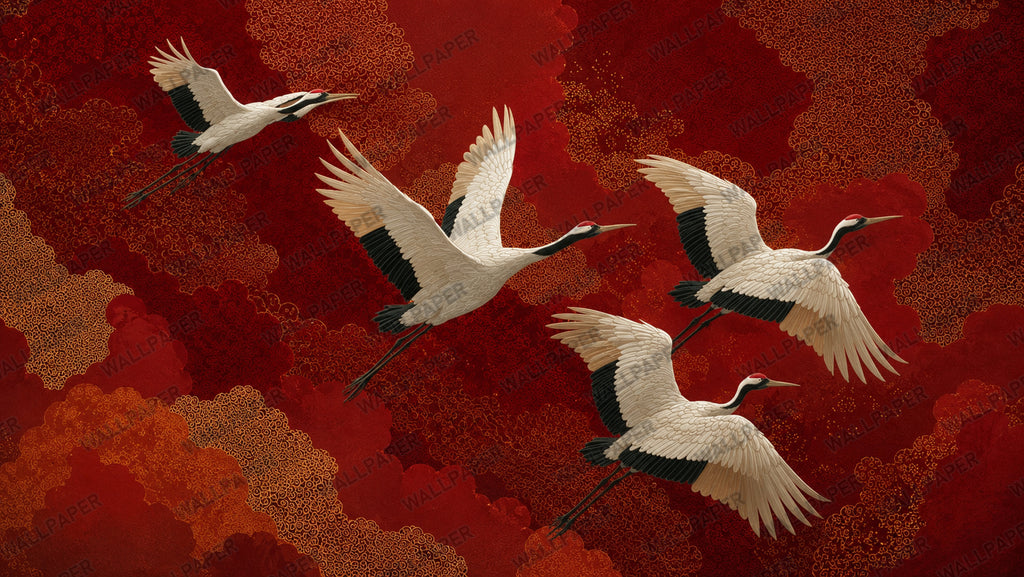 Red and Gold Flying Crane Wallpaper : Japanese Lacquer Bird Mural - View 2