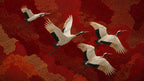 Red and Gold Flying Crane Wallpaper : Japanese Lacquer Bird Mural - View 2
