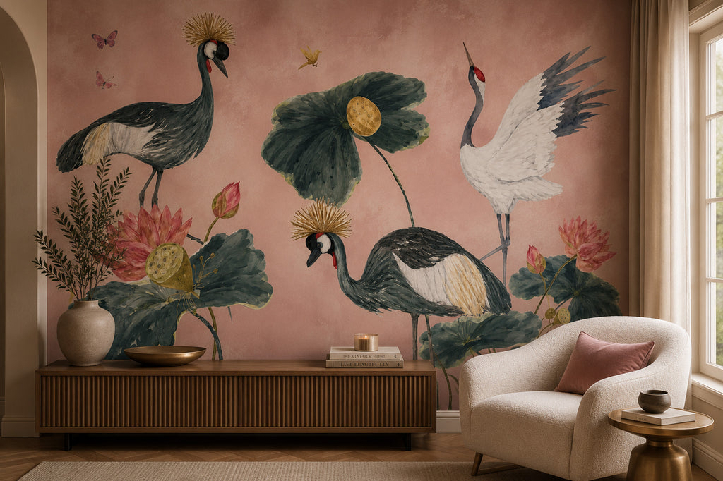 Pink Crane and Lotus Wallpaper : Painterly Chinoiserie Bird Mural