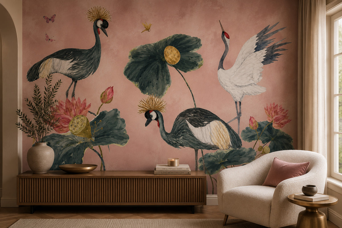 Pink Crane and Lotus Wallpaper : Painterly Chinoiserie Bird Mural