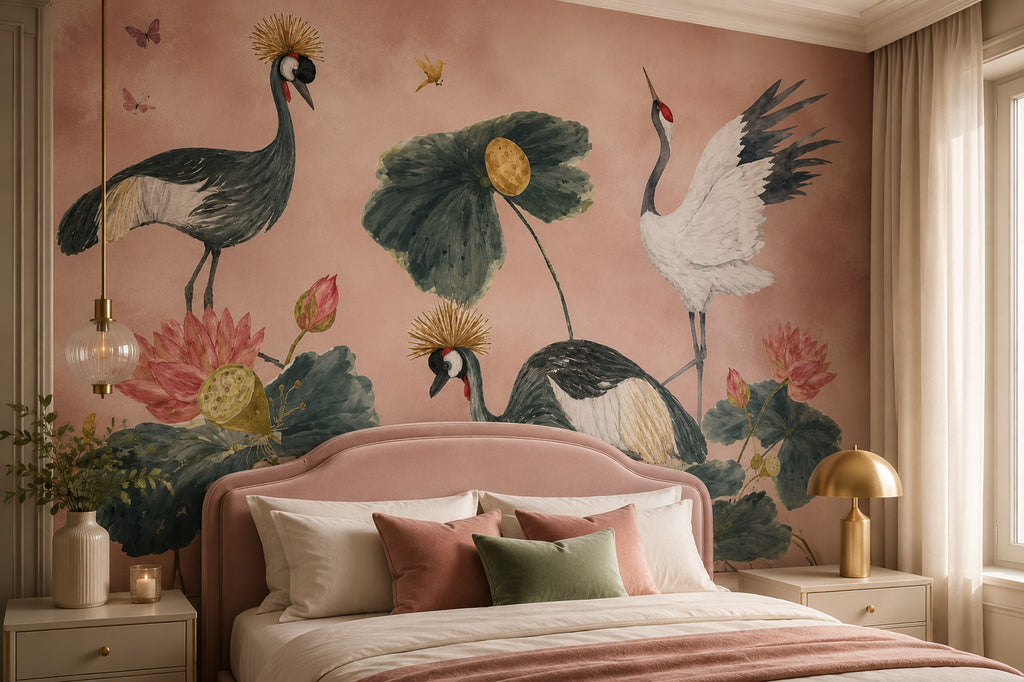 Pink Crane and Lotus Wallpaper : Painterly Chinoiserie Bird Mural - View 4