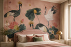 Pink Crane and Lotus Wallpaper : Painterly Chinoiserie Bird Mural - View 4