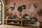 Pink Crane and Lotus Wallpaper : Painterly Chinoiserie Bird Mural - View 3