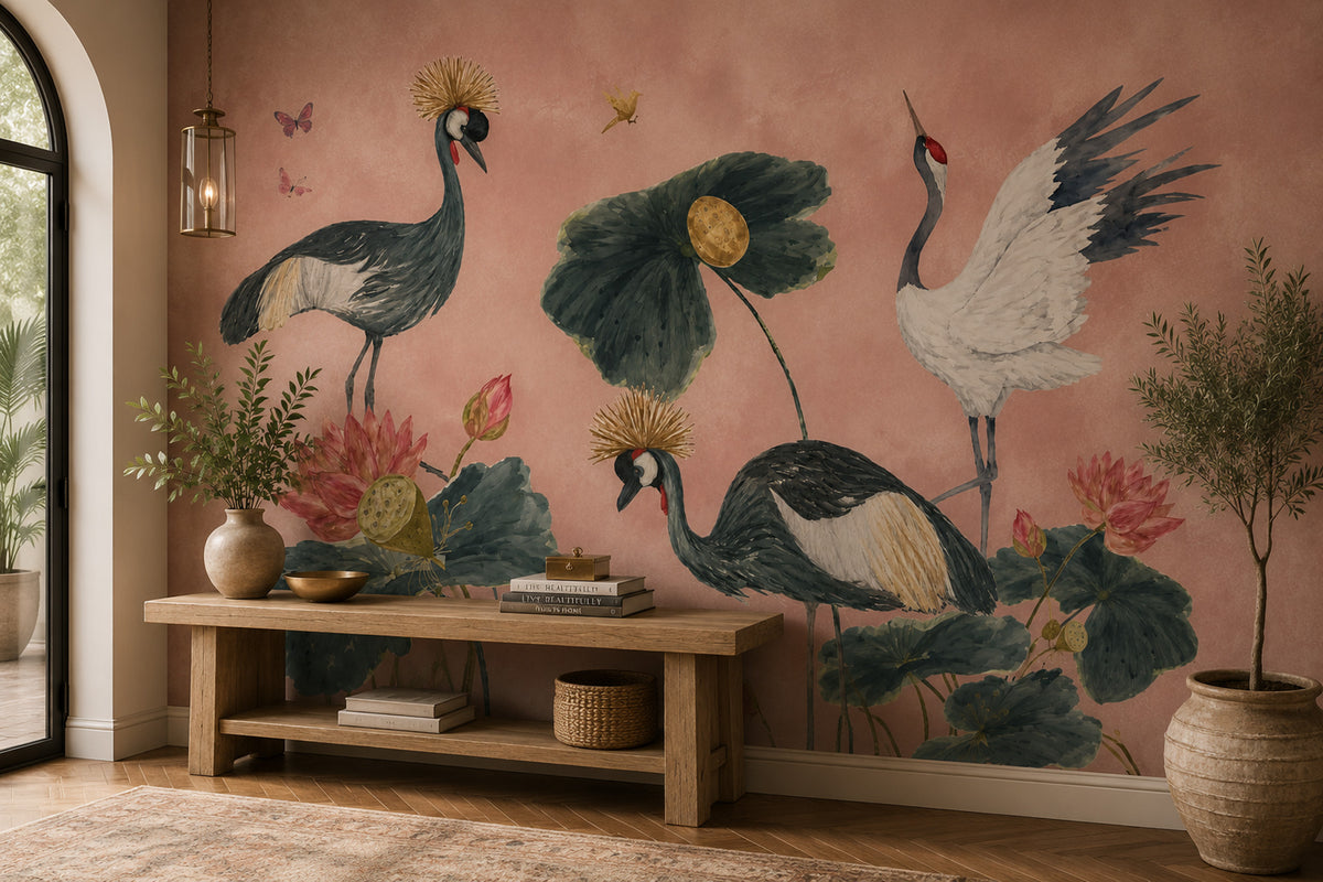 Pink Crane and Lotus Wallpaper : Painterly Chinoiserie Bird Mural - View 3