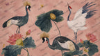 Pink Crane and Lotus Wallpaper : Painterly Chinoiserie Bird Mural - View 2