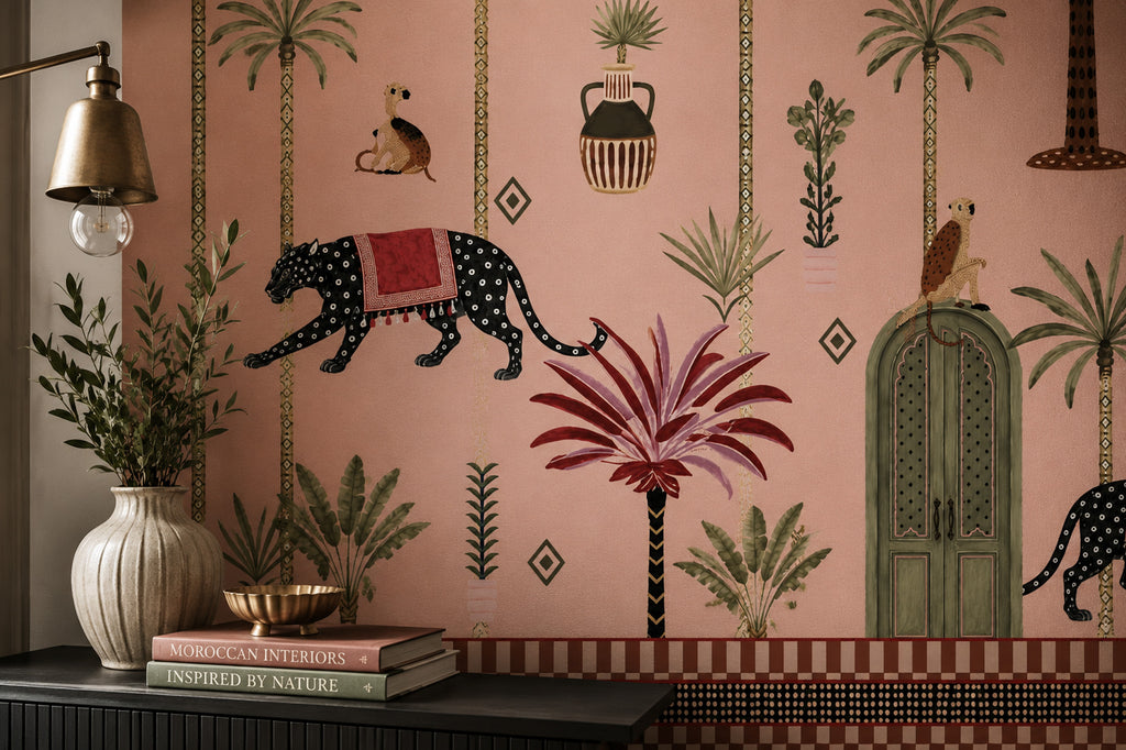 Blush Pink Panther and Palm Wallpaper : Moroccan Folk Jungle Mural - View 3