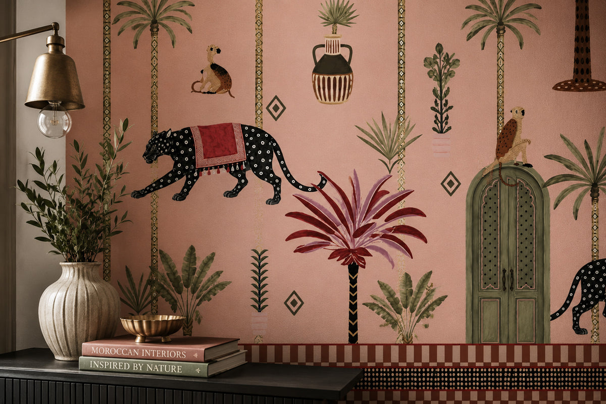 Blush Pink Panther and Palm Wallpaper : Moroccan Folk Jungle Mural - View 3