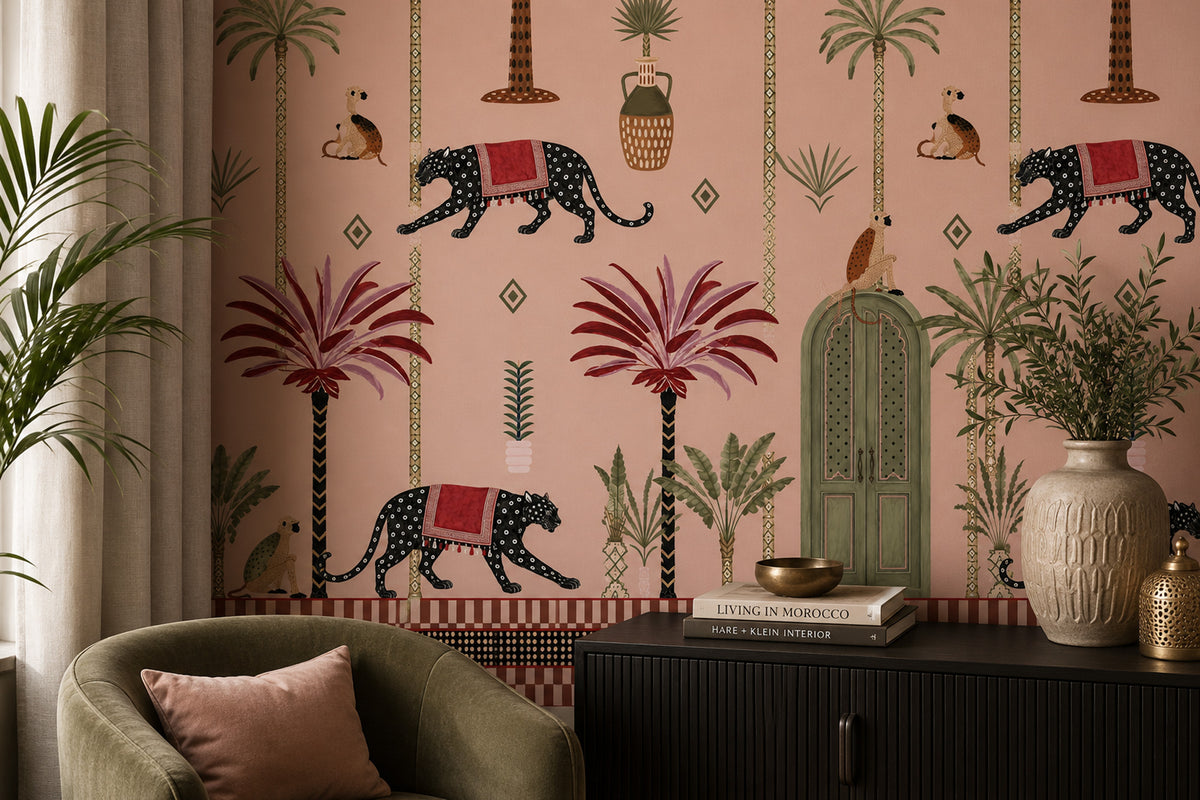 Blush Pink Panther and Palm Wallpaper : Moroccan Folk Jungle Mural