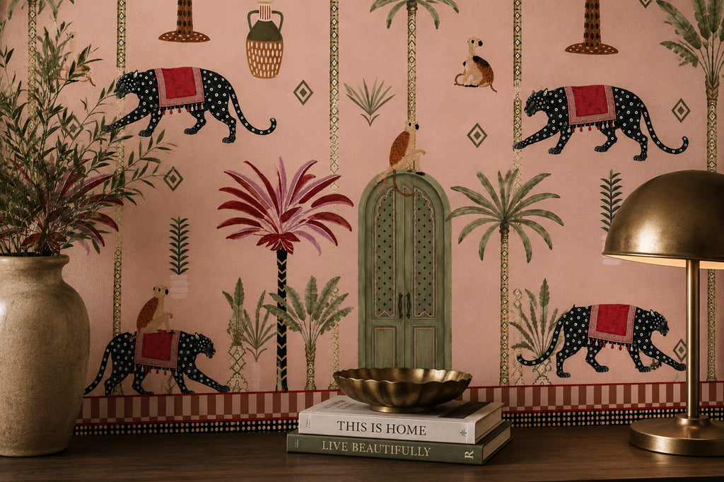 Blush Pink Panther and Palm Wallpaper : Moroccan Folk Jungle Mural - View 2