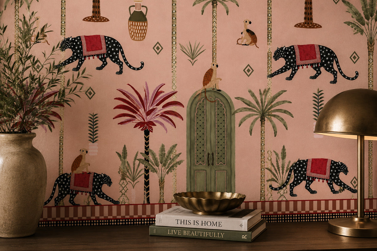 Blush Pink Panther and Palm Wallpaper : Moroccan Folk Jungle Mural - View 2