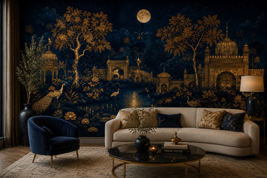 Midnight Palace Wallpaper : Gold Indian Pavilion and Moon Mural - View 3