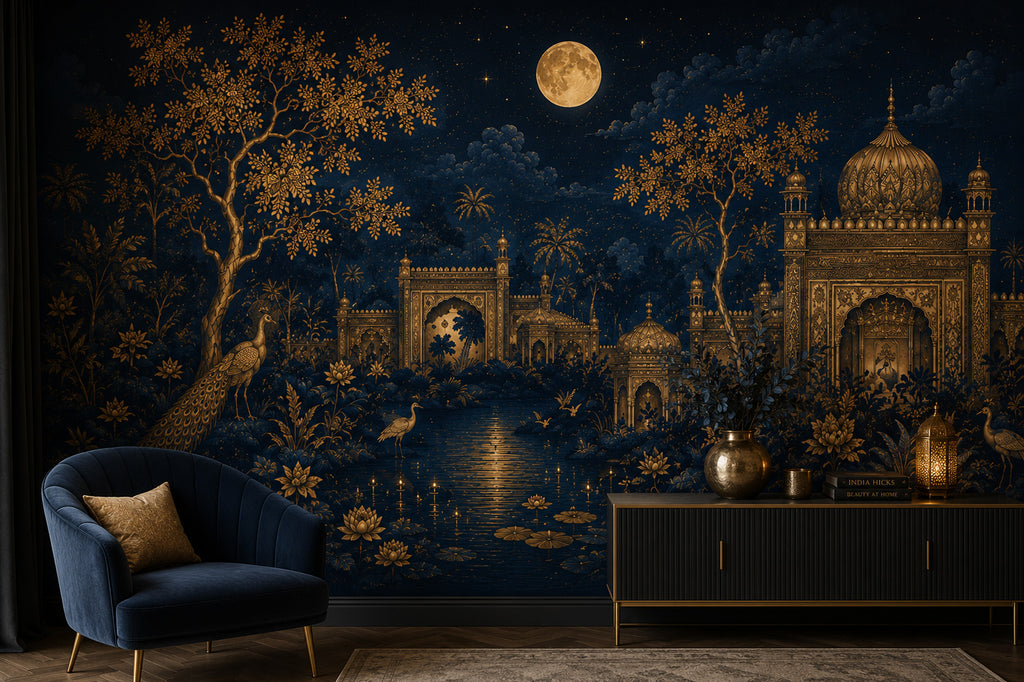 Midnight Palace Wallpaper : Gold Indian Pavilion and Moon Mural