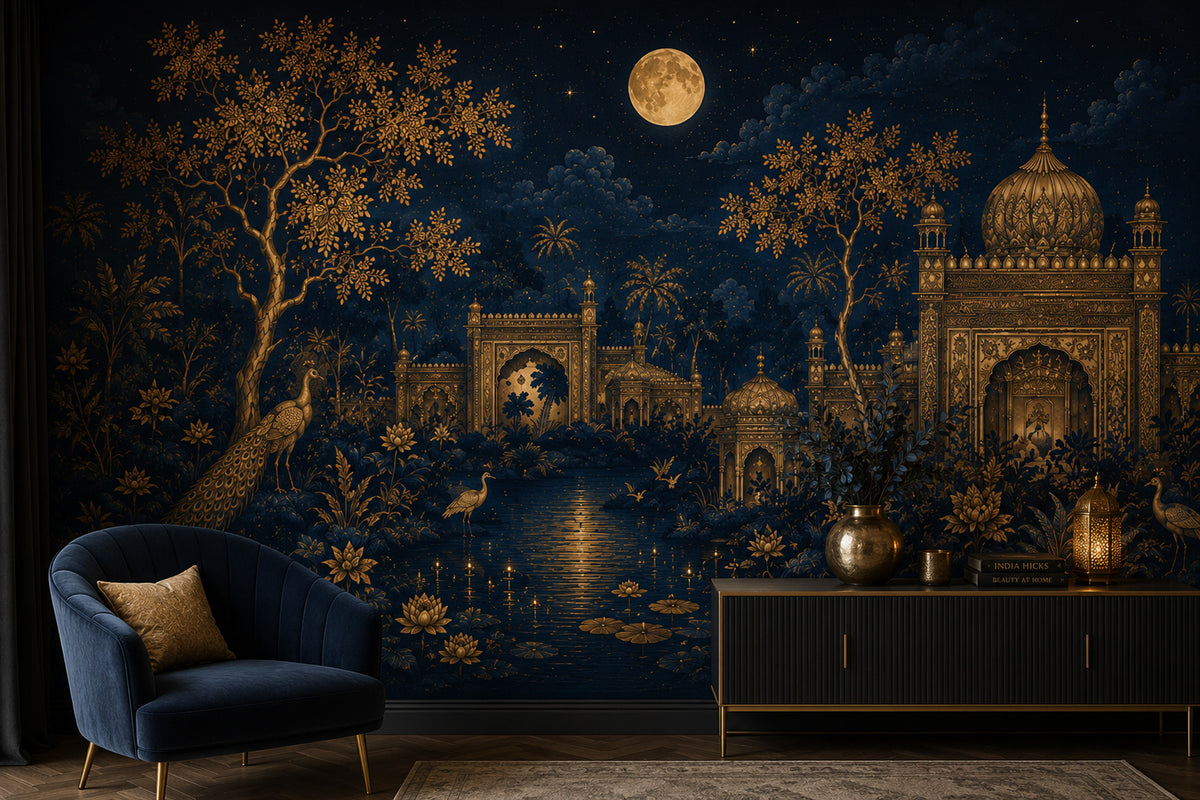 Midnight Palace Wallpaper : Gold Indian Pavilion and Moon Mural