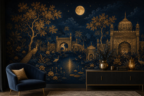 Midnight Palace Wallpaper : Gold Indian Pavilion and Moon Mural