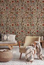 Folk Meadow Floral Wallpaper : Red Poppy and Woodland Animal Mural - View 5