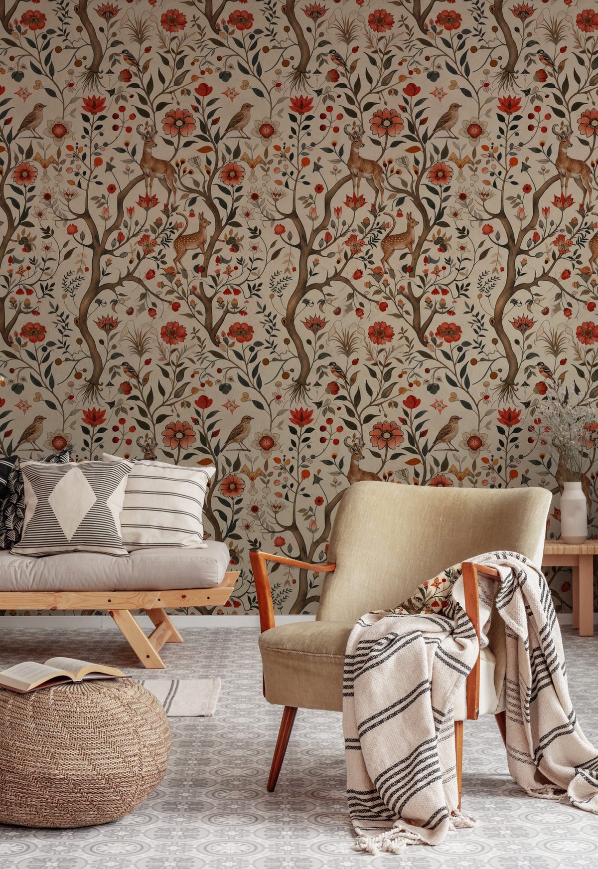 Folk Meadow Floral Wallpaper : Red Poppy and Woodland Animal Mural - View 5