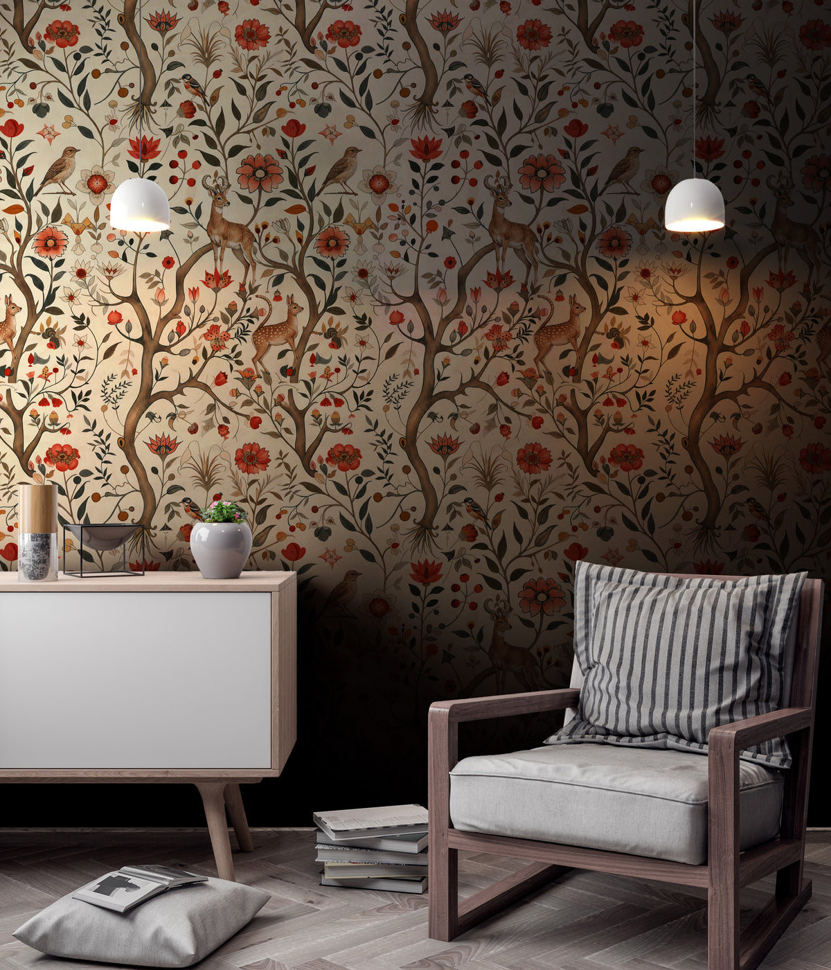 Folk Meadow Floral Wallpaper : Red Poppy and Woodland Animal Mural - View 4