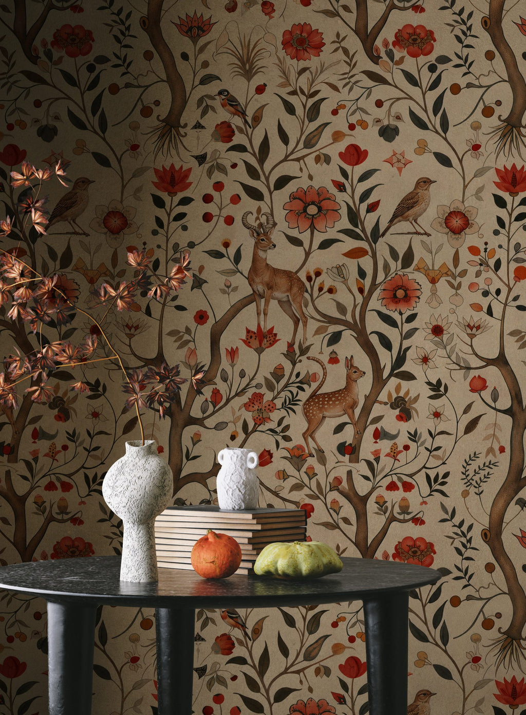 Folk Meadow Floral Wallpaper : Red Poppy and Woodland Animal Mural - View 3