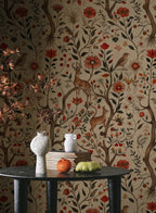 Folk Meadow Floral Wallpaper : Red Poppy and Woodland Animal Mural - View 3