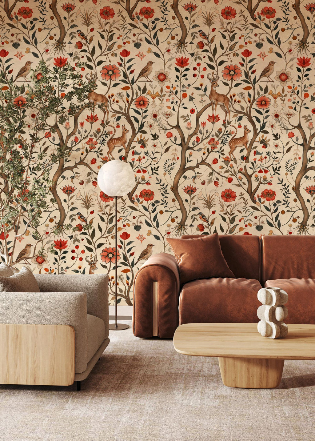 Folk Meadow Floral Wallpaper : Red Poppy and Woodland Animal Mural